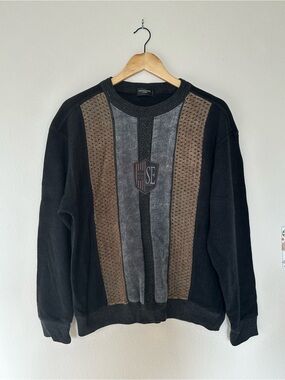 90s super soft Black Crewneck Sweater with Brown & blue Paneling